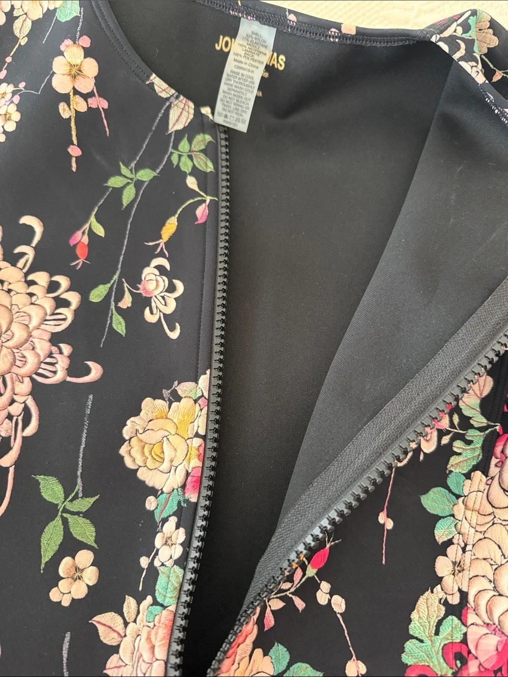 Johnny Was Black Floral Zip-Front neoprene wetsuit  with Pink & Yellow Accents